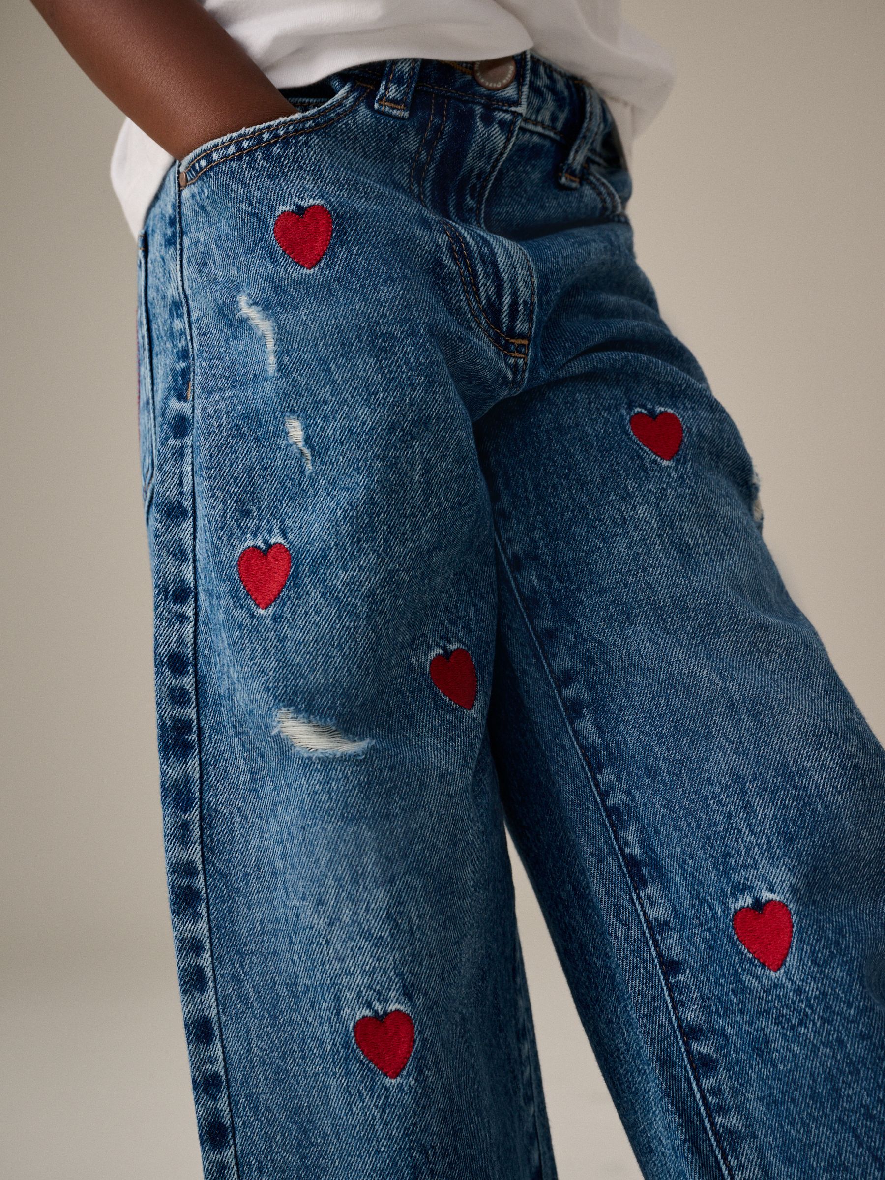 Buy Blue Denim 100% Cotton Heart Embroidered Balloon Jeans