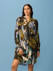 Black Green Leaf Print Long Sleeve Tie Neck Mini Dress - Image 1 of 9