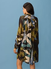 Black Green Leaf Print Long Sleeve Tie Neck Mini Dress - Image 3 of 9