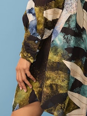 Black Green Leaf Print Long Sleeve Tie Neck Mini Dress - Image 5 of 9