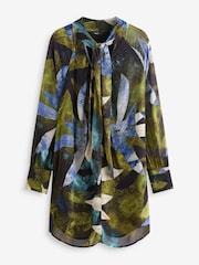 Black Green Leaf Print Long Sleeve Tie Neck Mini Dress - Image 6 of 9
