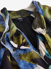 Black Green Leaf Print Long Sleeve Tie Neck Mini Dress - Image 7 of 9