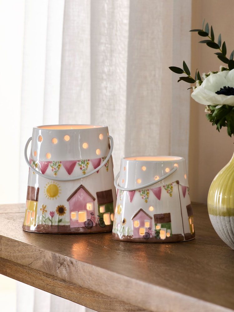 Set of 2 White Ceramic House Scene Tea Light Holders - Image 1 of 4