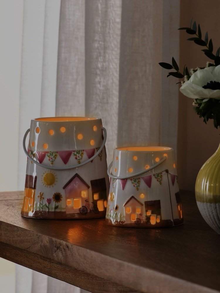 Set of 2 White Ceramic House Scene Tea Light Holders - Image 2 of 4