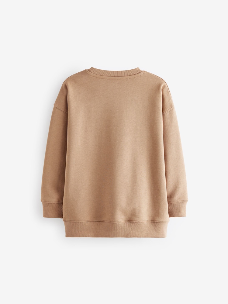 Tan Brown Oversized Plain Crew Neck 100% Cotton Sweatshirt (3-16yrs) - Image 2 of 4