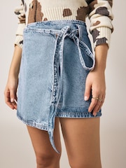 Mid Blue Wrap Denim Mini 100% Cotton Skirt - Image 3 of 7