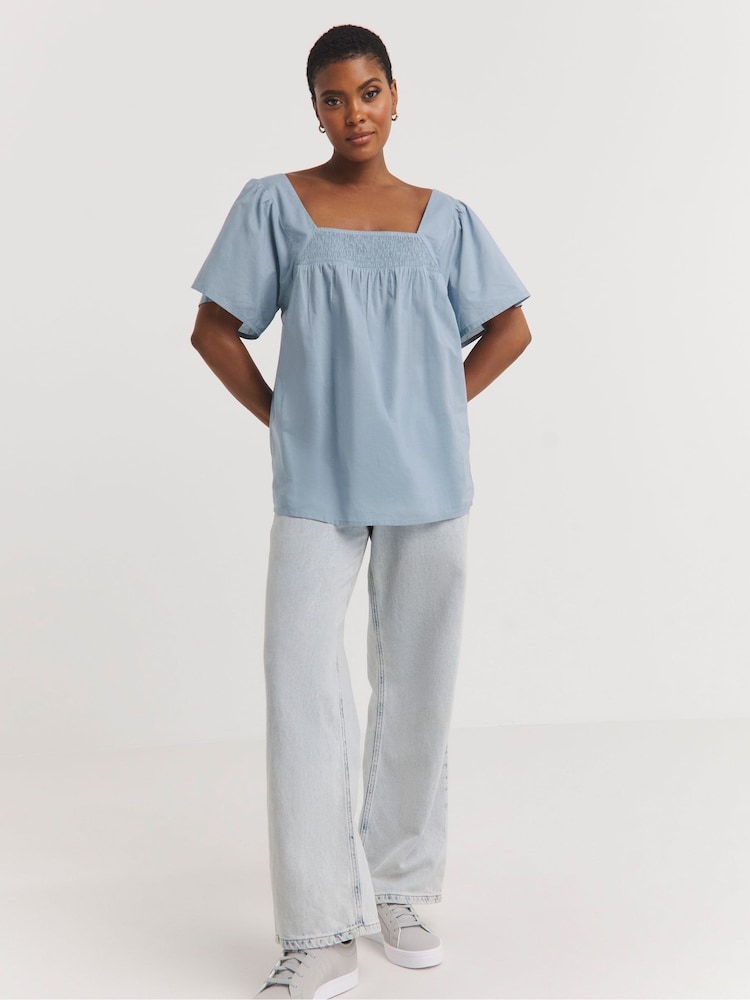 JD Williams Blue 100% Cotton Cambric Square Neck Top - Image 1 of 4