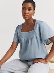 JD Williams Blue 100% Cotton Cambric Square Neck Top - Image 3 of 4