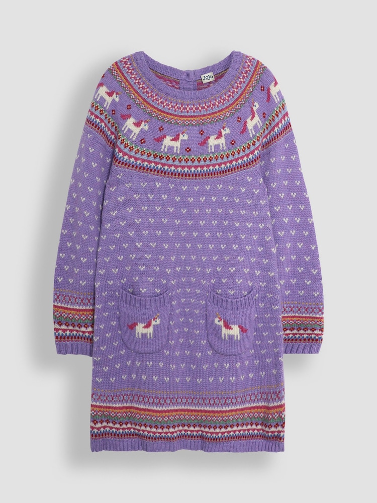 JoJo Maman Bébé Lilac Unicorn Knitted Dress - Image 1 of 3