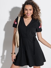 Pour Moi Black Bella Embroidered Sleeve 100% Cotton Slub Jersey Tea Dress - Image 1 of 4
