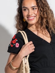 Pour Moi Black Bella Embroidered Sleeve 100% Cotton Slub Jersey Tea Dress - Image 2 of 4