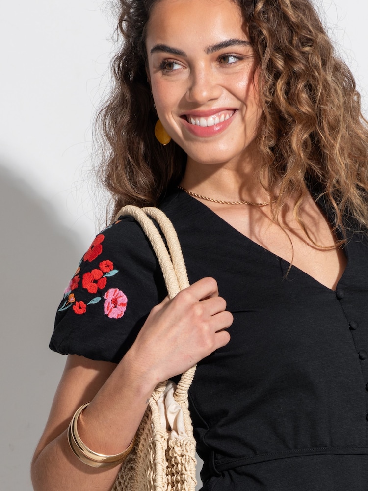 Pour Moi Black Bella Embroidered Sleeve 100% Cotton Slub Jersey Tea Dress - Image 2 of 4