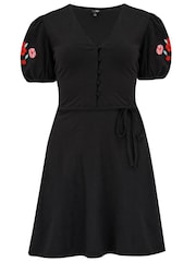 Pour Moi Black Bella Embroidered Sleeve 100% Cotton Slub Jersey Tea Dress - Image 3 of 4