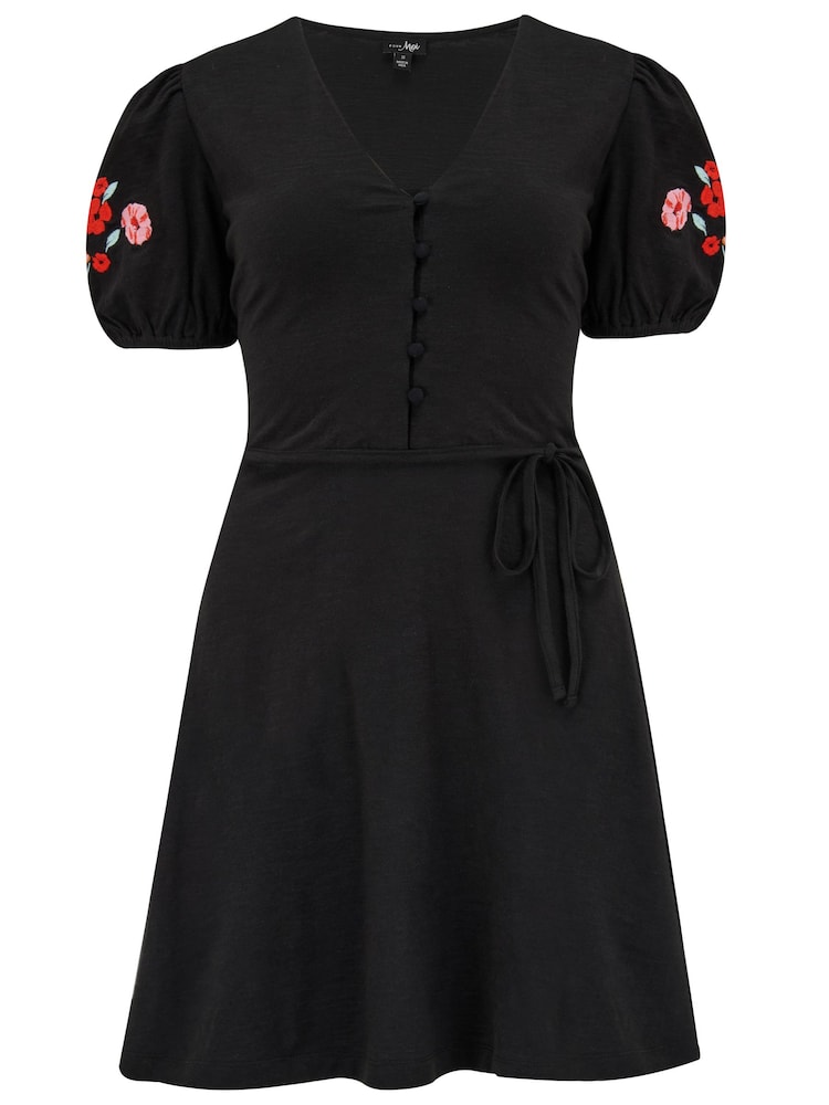 Pour Moi Black Bella Embroidered Sleeve 100% Cotton Slub Jersey Tea Dress - Image 3 of 4