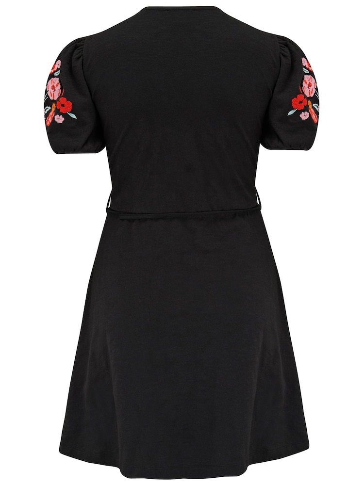 Pour Moi Black Bella Embroidered Sleeve 100% Cotton Slub Jersey Tea Dress - Image 4 of 4