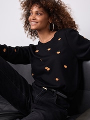 Black Orange Pumpkin Print Crew Neck Long Sleeve Embroidered Jumper - Image 1 of 9