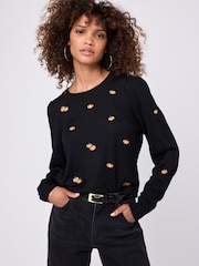 Black Orange Pumpkin Print Crew Neck Long Sleeve Embroidered Jumper - Image 3 of 9