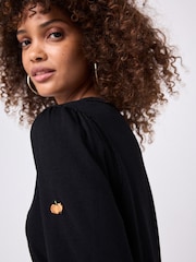 Black Orange Pumpkin Print Crew Neck Long Sleeve Embroidered Jumper - Image 5 of 9
