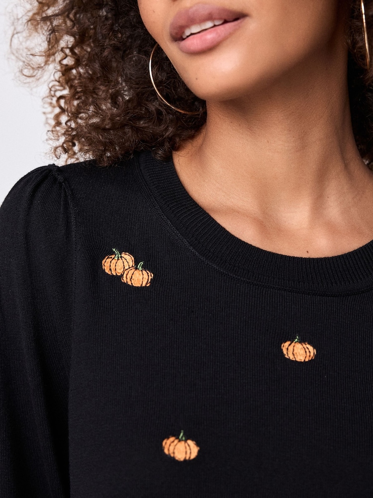 Buy Black Orange Pumpkin Crew Neck Long Sleeve Embroidered Jumper