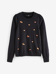 Black Orange Pumpkin Print Crew Neck Long Sleeve Embroidered Jumper - Image 7 of 9