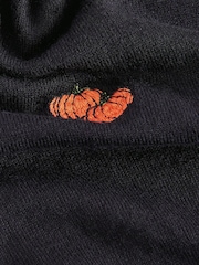 Black Orange Pumpkin Print Crew Neck Long Sleeve Embroidered Jumper - Image 9 of 9