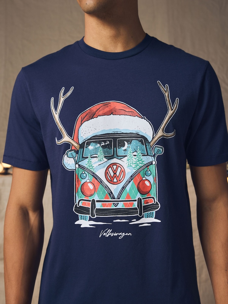 Navy VW Camper Van 100% Cotton Licence Christmas T-Shirt - Image 4 of 8