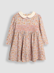JoJo Maman Bébé Mustard Floral Smocked Peter Pan Dress - Image 1 of 3
