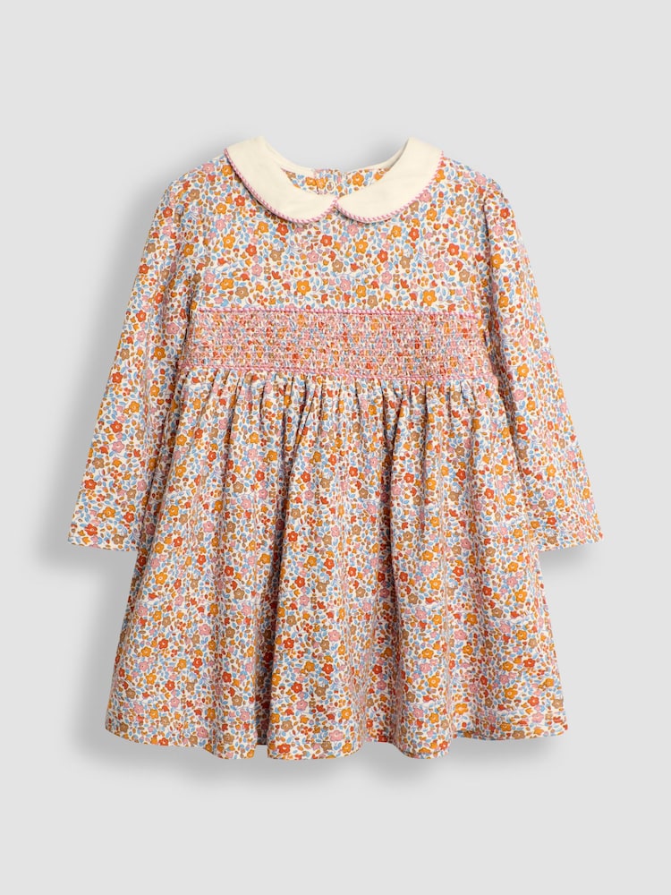 JoJo Maman Bébé Mustard Floral Smocked Peter Pan Dress - Image 1 of 3