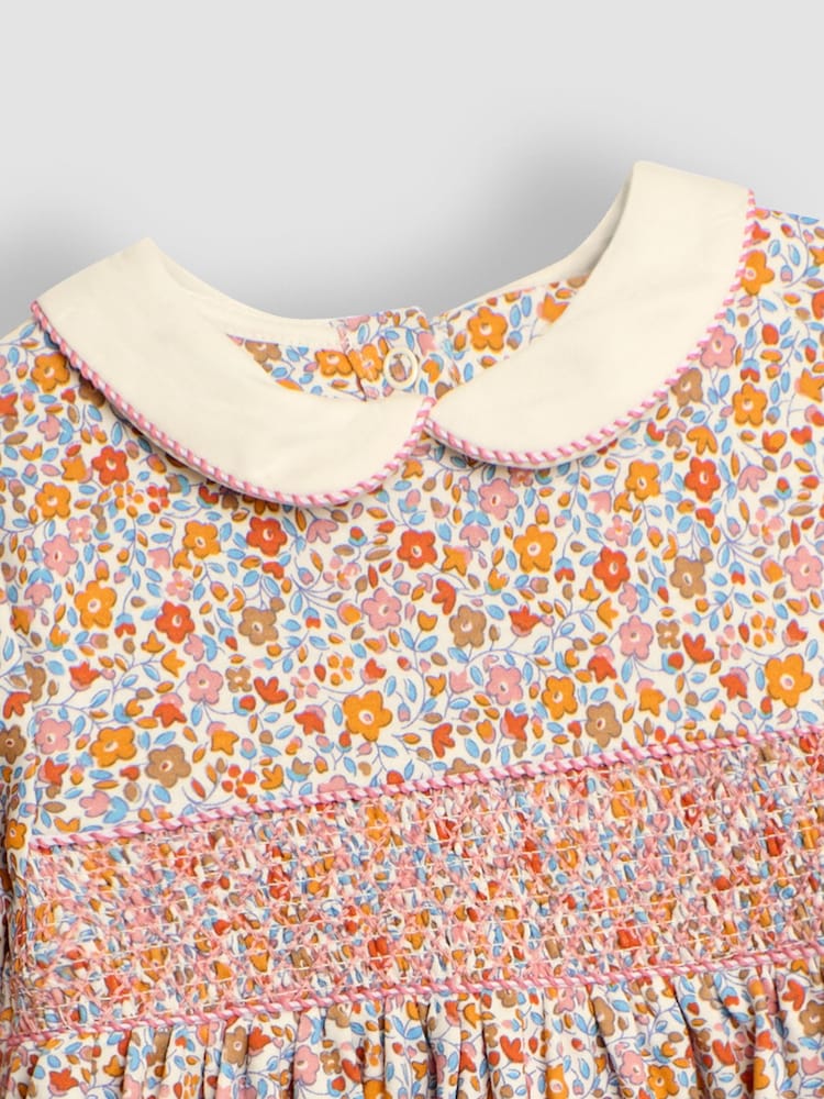JoJo Maman Bébé Mustard Floral Smocked Peter Pan Dress - Image 3 of 3