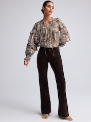 Brown Velvet Flocked Relaxed Bootcut 100% Cotton Jeans - Image 1 of 7