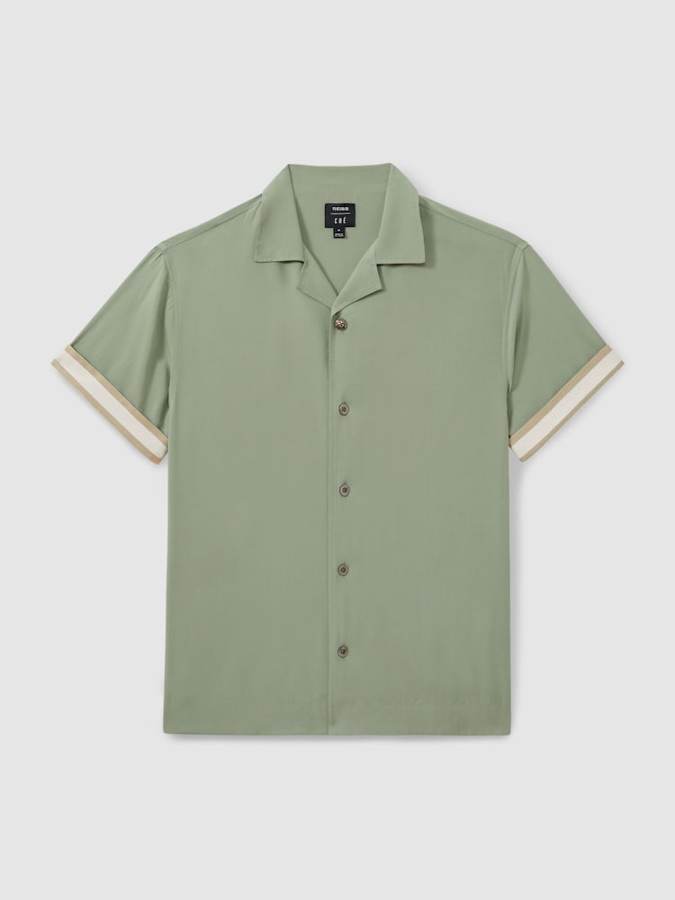 Reiss Sage Green Valbonne Reiss | Ché Cuff Detail Cuban Collar Shirt - Image 2 of 6