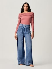 Mid Blue Side Stripe Palazzo Wide Leg 100% Cotton Jeans - Image 1 of 10