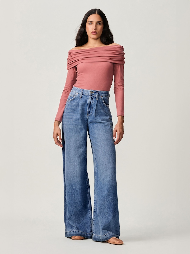 Mid Blue Side Stripe Palazzo Wide Leg 100% Cotton Jeans - Image 1 of 10