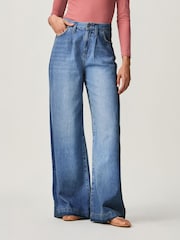 Mid Blue Side Stripe Palazzo Wide Leg 100% Cotton Jeans - Image 3 of 10