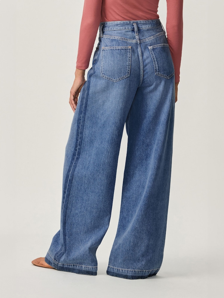 Mid Blue Side Stripe - Palazzo Wide Leg 100% Cotton Jeans - Image 4 of 10