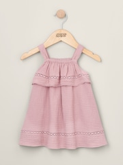 Mamas & Papas Pink 100% Cotton Lace Trim Dress - Image 1 of 3