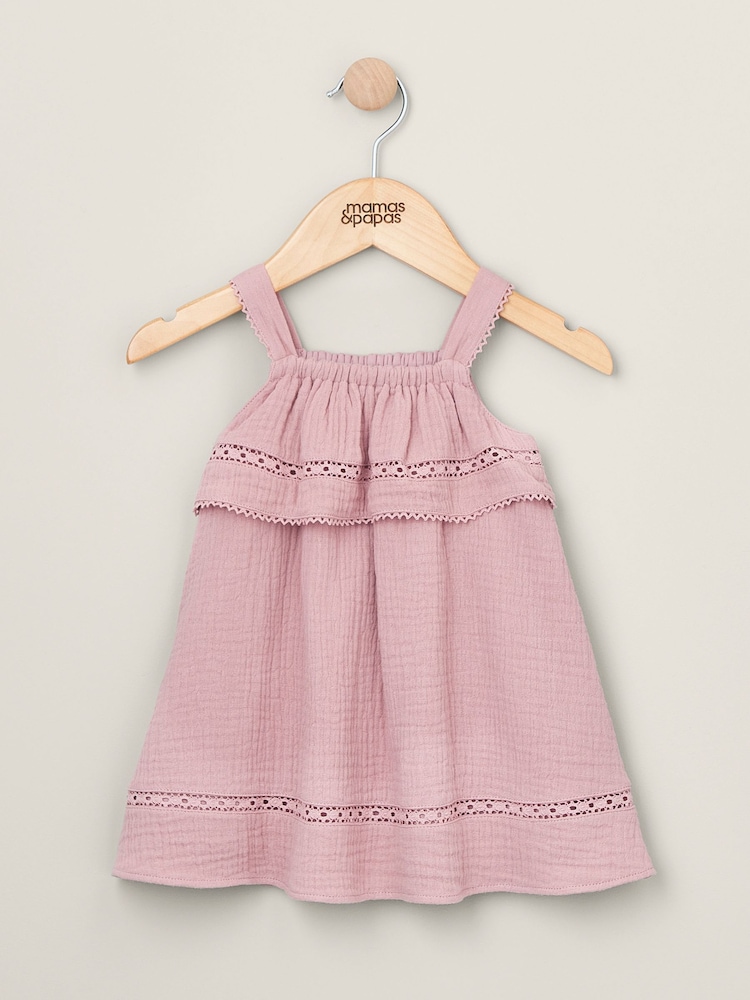 Mamas & Papas Pink 100% Cotton Lace Trim Dress - Image 1 of 3