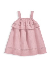 Mamas & Papas Pink 100% Cotton Lace Trim Dress - Image 2 of 3