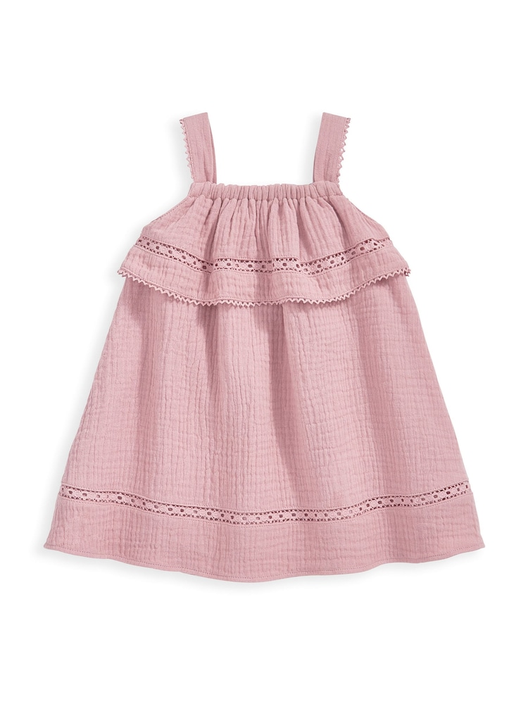 Mamas & Papas Pink 100% Cotton Lace Trim Dress - Image 2 of 3