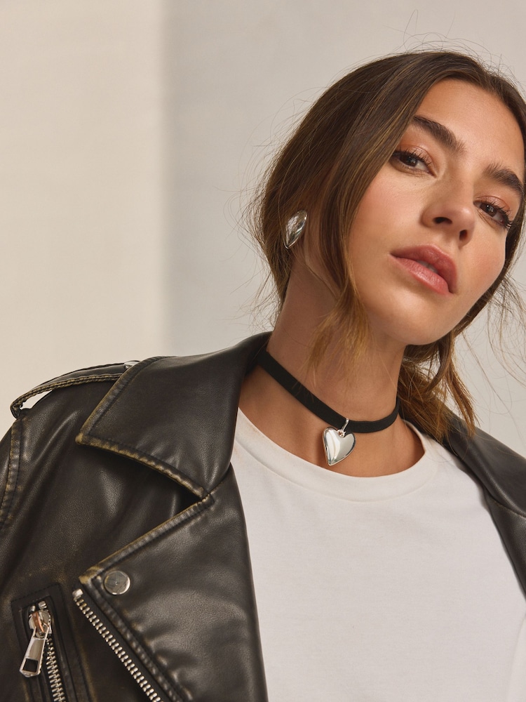 Silver Heart Drop Choker Made With Recycled Zinc - Image 1 of 5