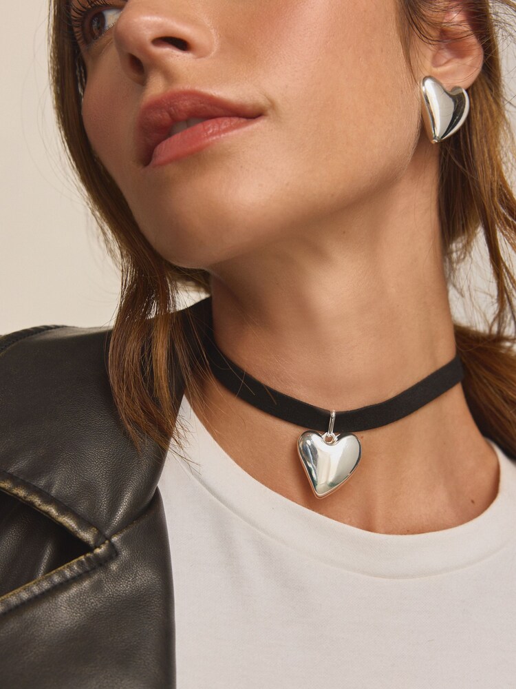 Silver Heart Drop Choker Made With Recycled Zinc - Image 2 of 5