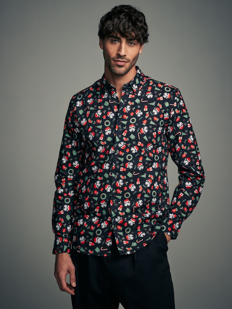 Black Storm Trooper Long Sleeve Christmas Print 100% Cotton Oxford Shirt - Image 1 of 6