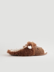 Brown Borg Lined Highland Cow Slippers - Image 3 of 7