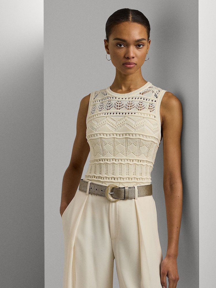 Lauren Ralph Lauren Cream Pointelle Knit Sleeveless Top - Image 1 of 8