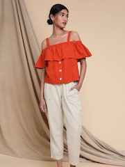 Threadbare Orange Linen Blend Strap Bardot Top - Image 1 of 4