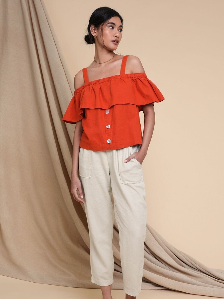 Threadbare Orange Linen Blend Strap Bardot Top - Image 1 of 4