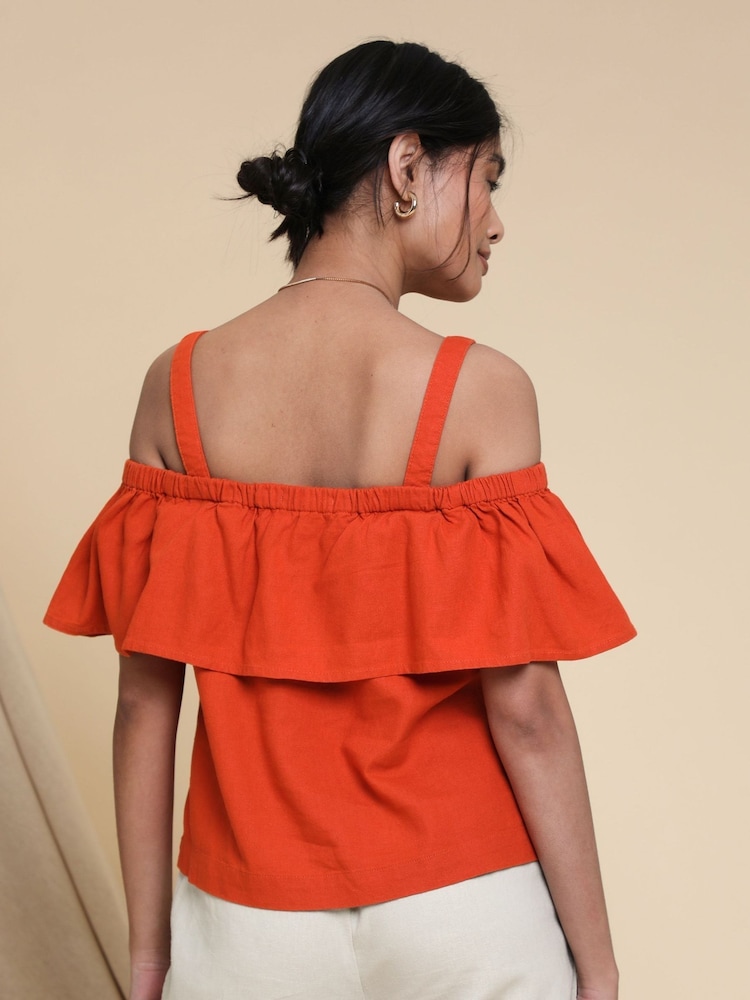 Threadbare Orange Linen Blend Strap Bardot Top - Image 2 of 4