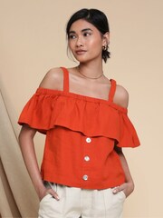 Threadbare Orange Linen Blend Strap Bardot Top - Image 3 of 4