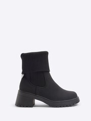 River Island Black Girls Knit Roll Heeled Boots - Image 1 of 3