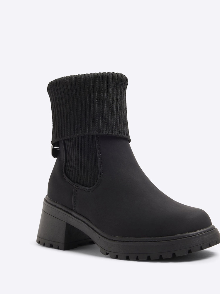River Island Black Girls Knit Roll Heeled Boots - Image 2 of 3